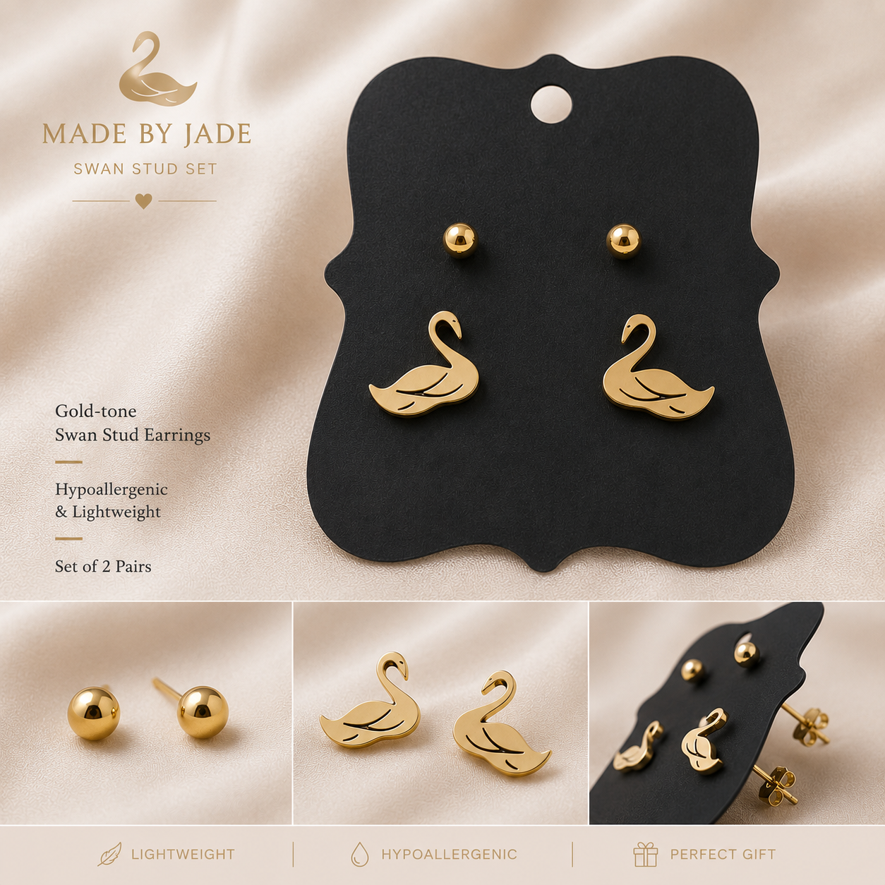 SWAN Stud Earring Set – Gold Tone