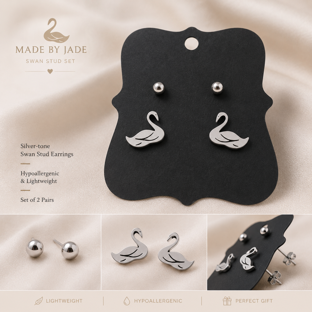 SWAN Stud Earring Set – Silver Tone